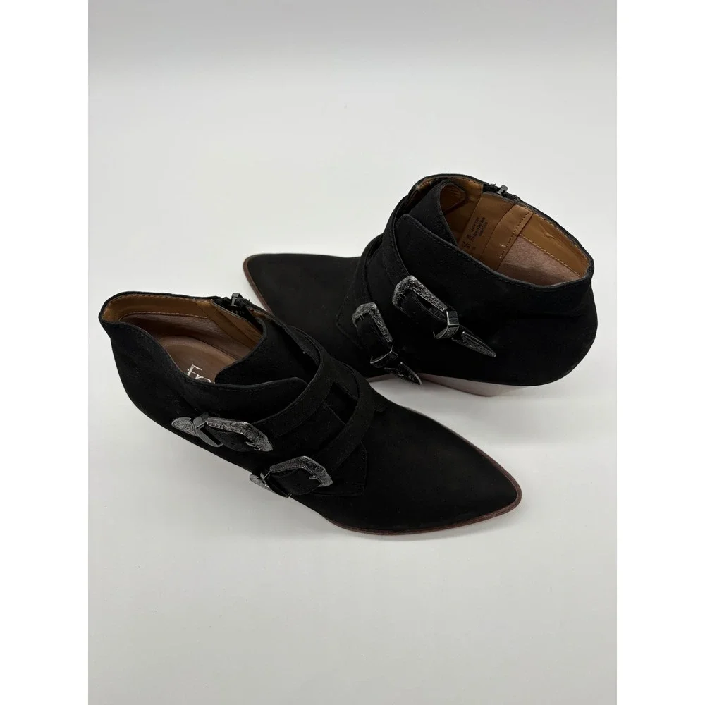 Franco Sarto Granton Ankle Boots Womens 8.5 Black Excellent Western Buckle Wedge